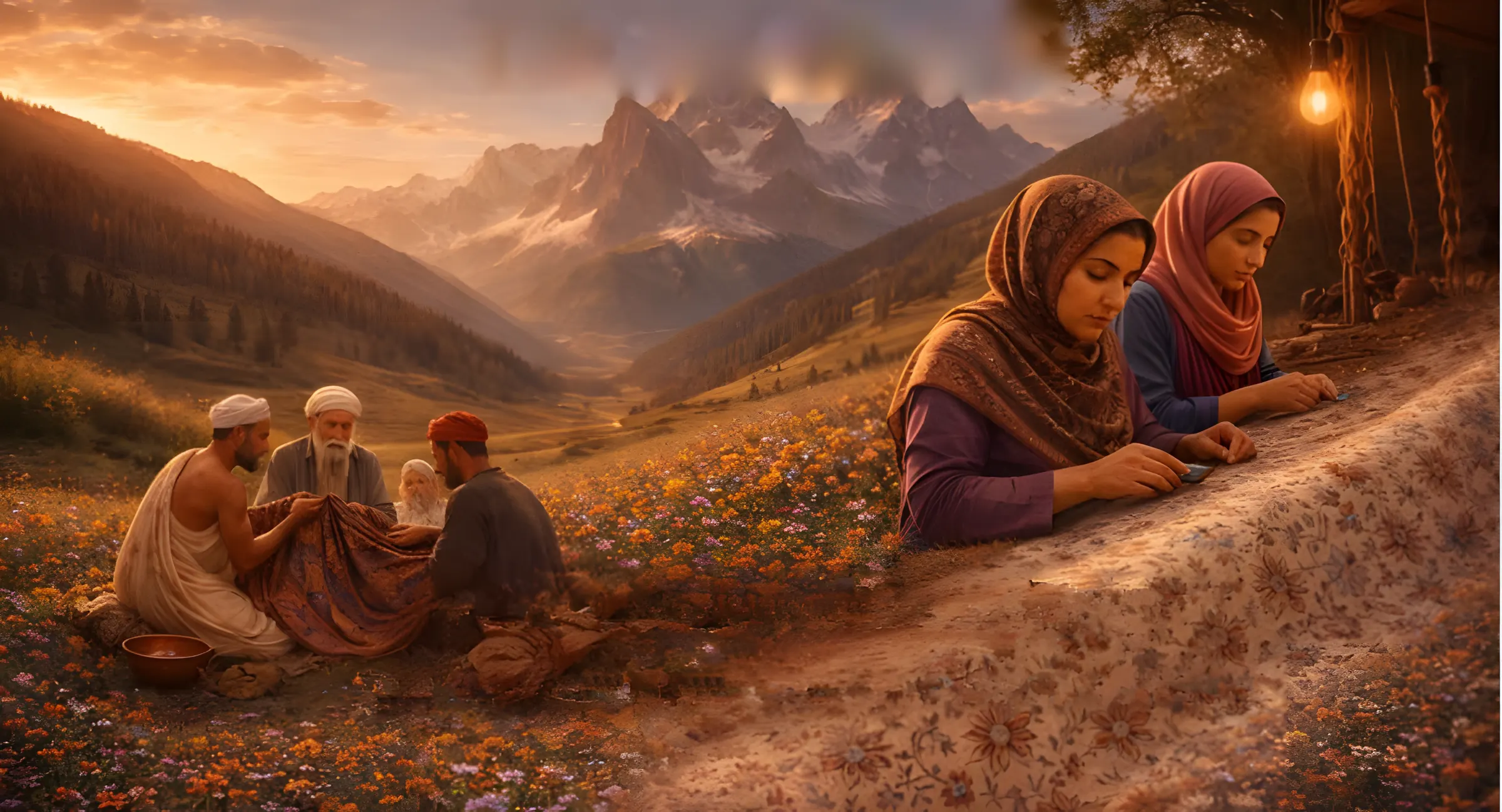 Painted Kashmir valley at sunset: a family group holds a shawl in a meadow of wildflowers while two women embroider a long floral shawl beneath snow peaks.