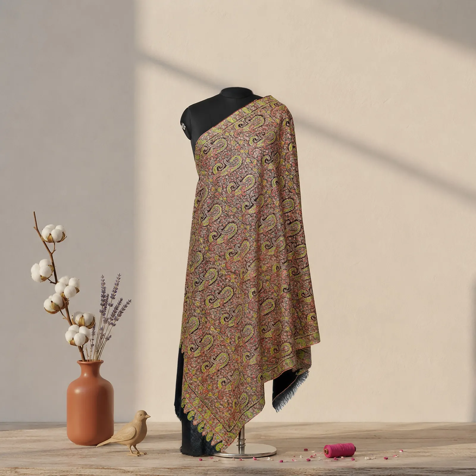 Tan shawl with all-over paisley in ochre, rose and deep green, draped on a stand beside a terracotta vase.