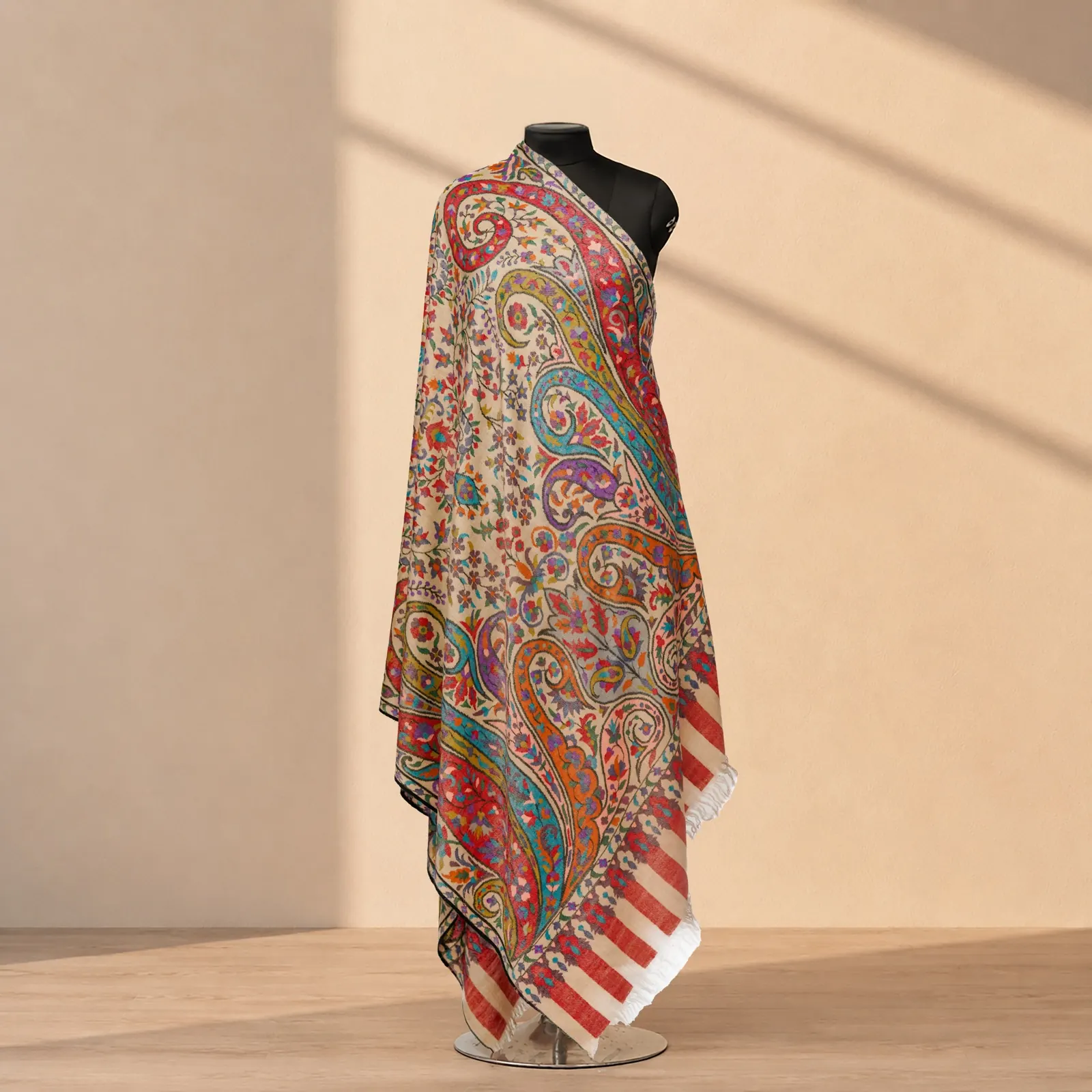 Cream shawl covered in dense multicoloured paisley, draped on a stand, with a red and white striped end panel.