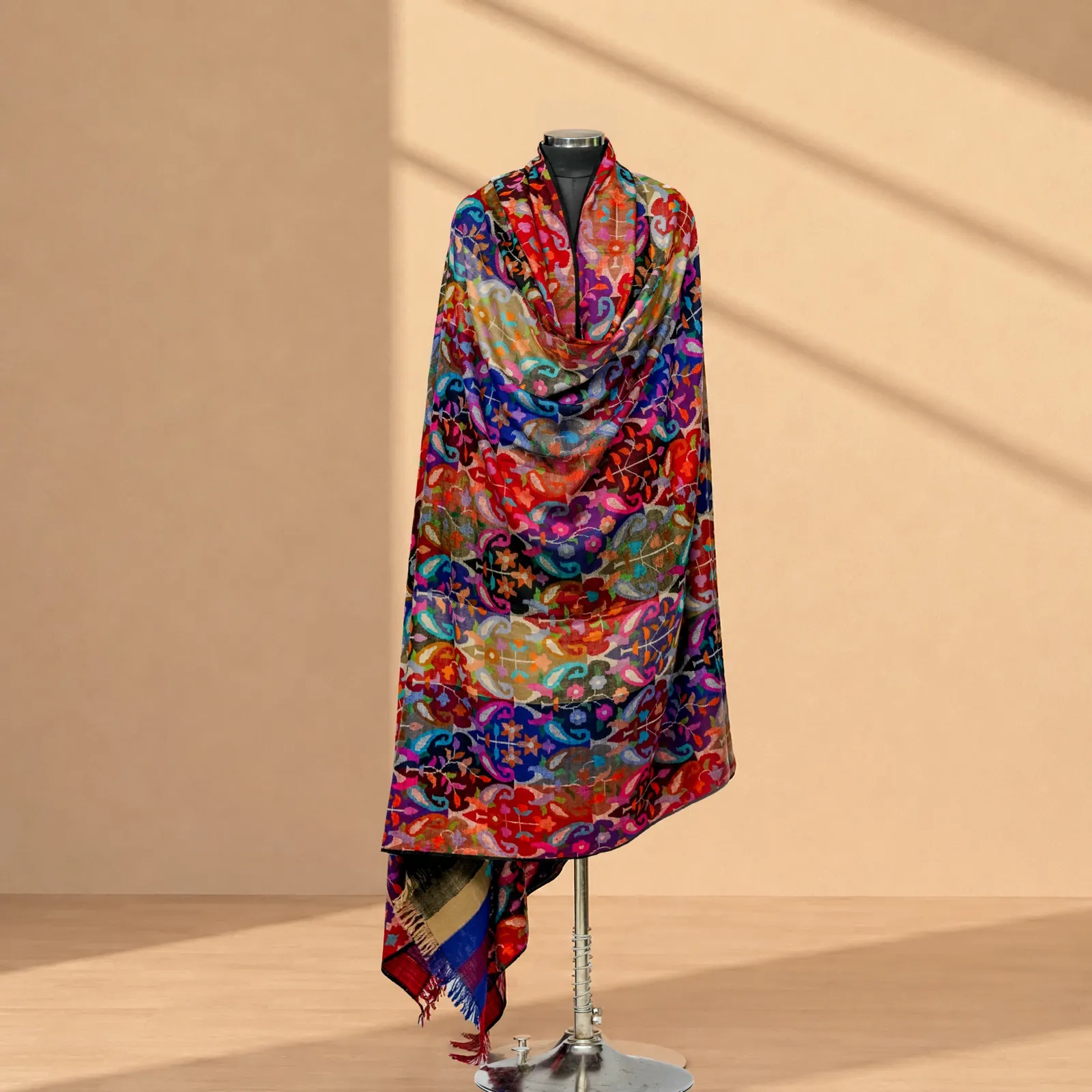 Shawl worked edge to edge in deep jewel colours with no plain ground left anywhere.