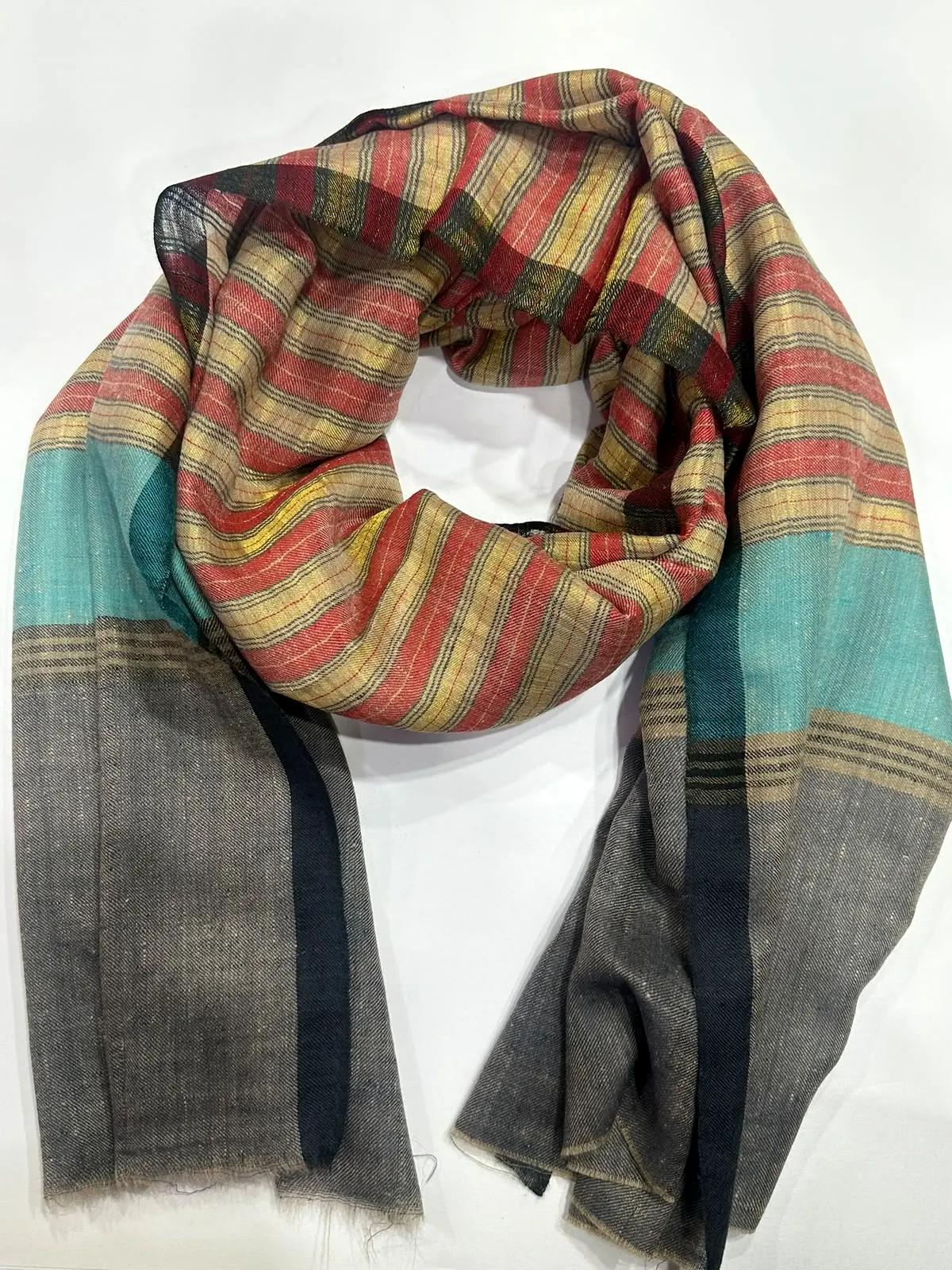 Stole in red, yellow and teal stripes with grey ends.