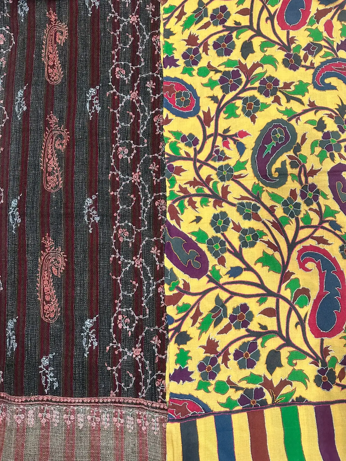 Reversible stole, embroidered charcoal stripe on one face and yellow paisley on the other.